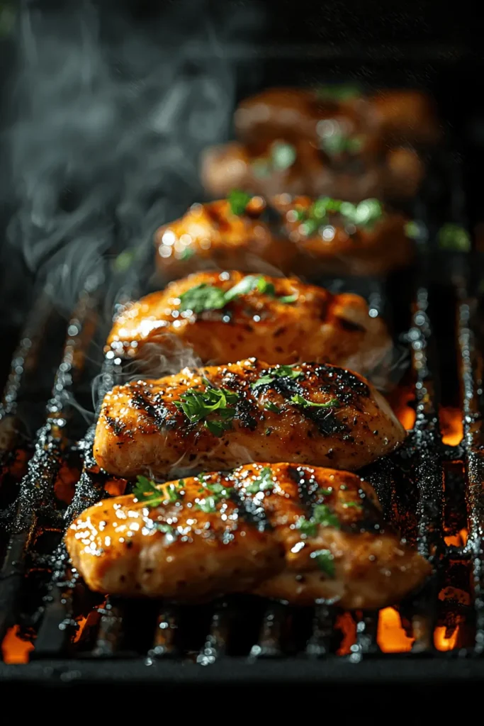 Visual guide to preparing honey chipotle chicken, showing marinating, grilling, and garnishing steps.