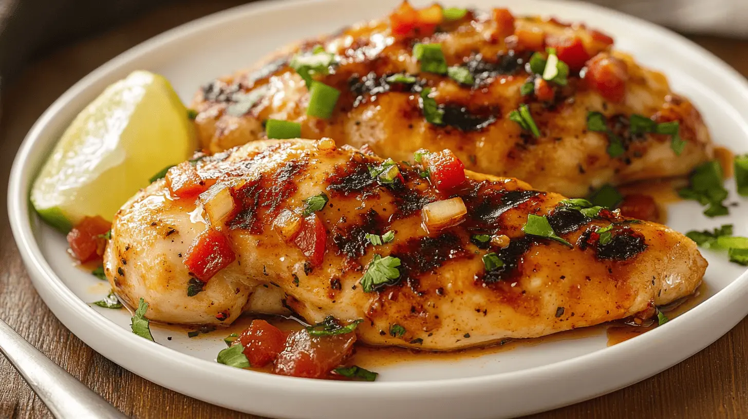 Delicious grilled honey chipotle chicken garnished with cilantro served on a plate