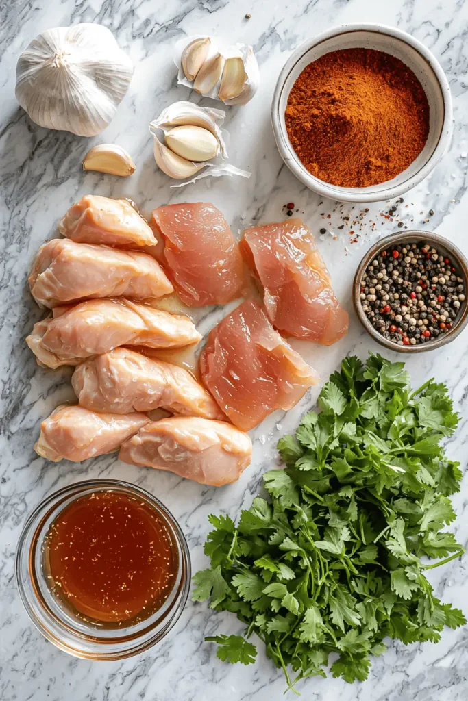 Fresh ingredients for honey chipotle chicken including chicken breasts, raw honey, chipotle peppers, garlic, lime, and spices.