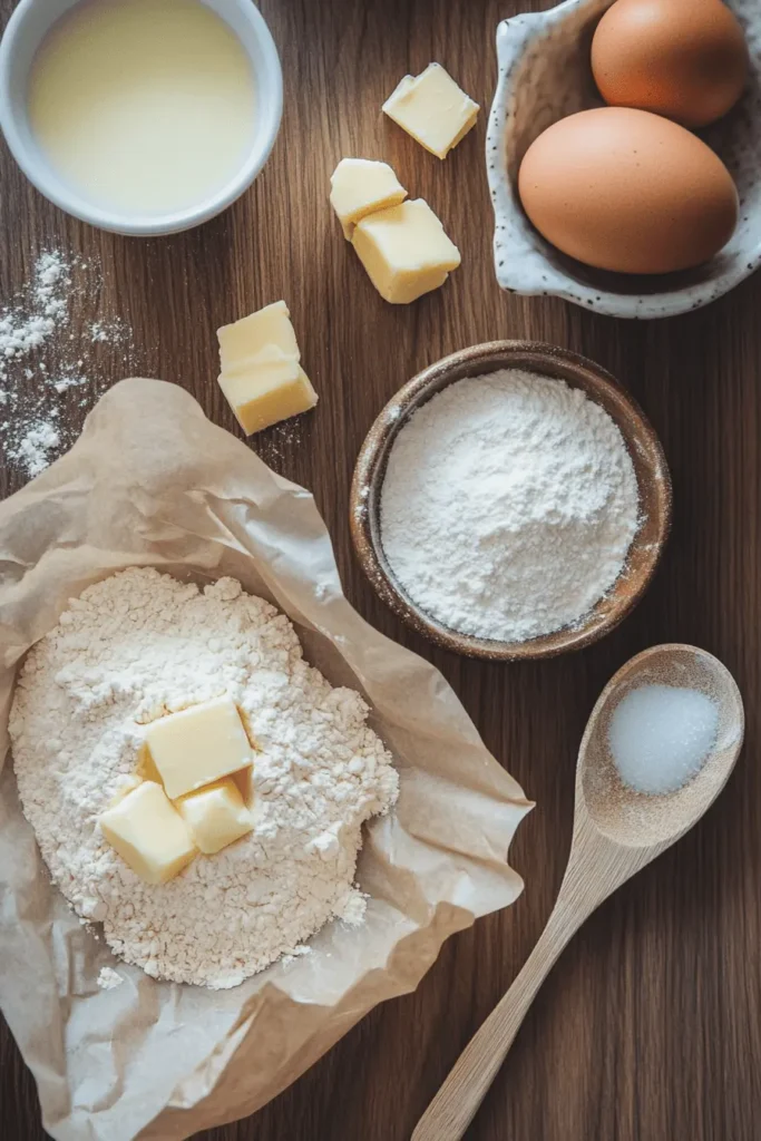 A flat lay of baking ingredients for Gipfeli, including flour, butter, eggs, milk, and sugar.