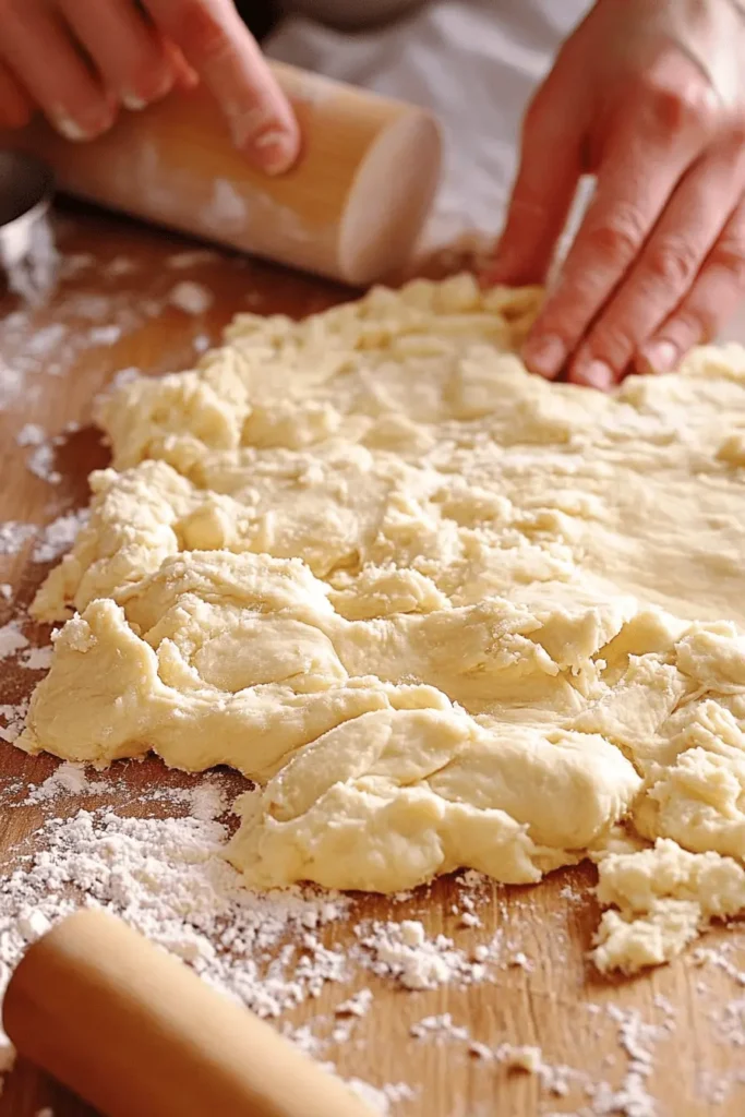 Hands kneading fresh Gipfeli dough on a floured wooden surface.