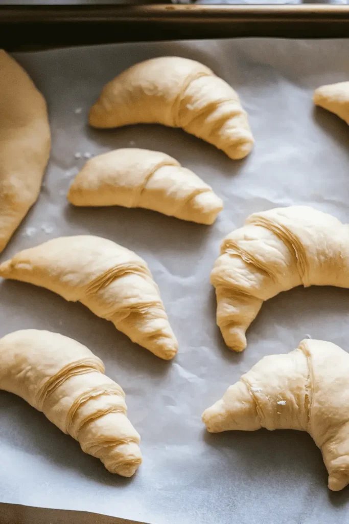 Neatly rolled crescent-shaped Gipfeli dough arranged on a baking sheet.