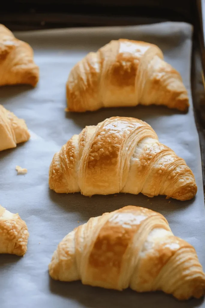 Golden, crispy Gipfeli fresh out of the oven, resting on a parchment-lined baking sheet.