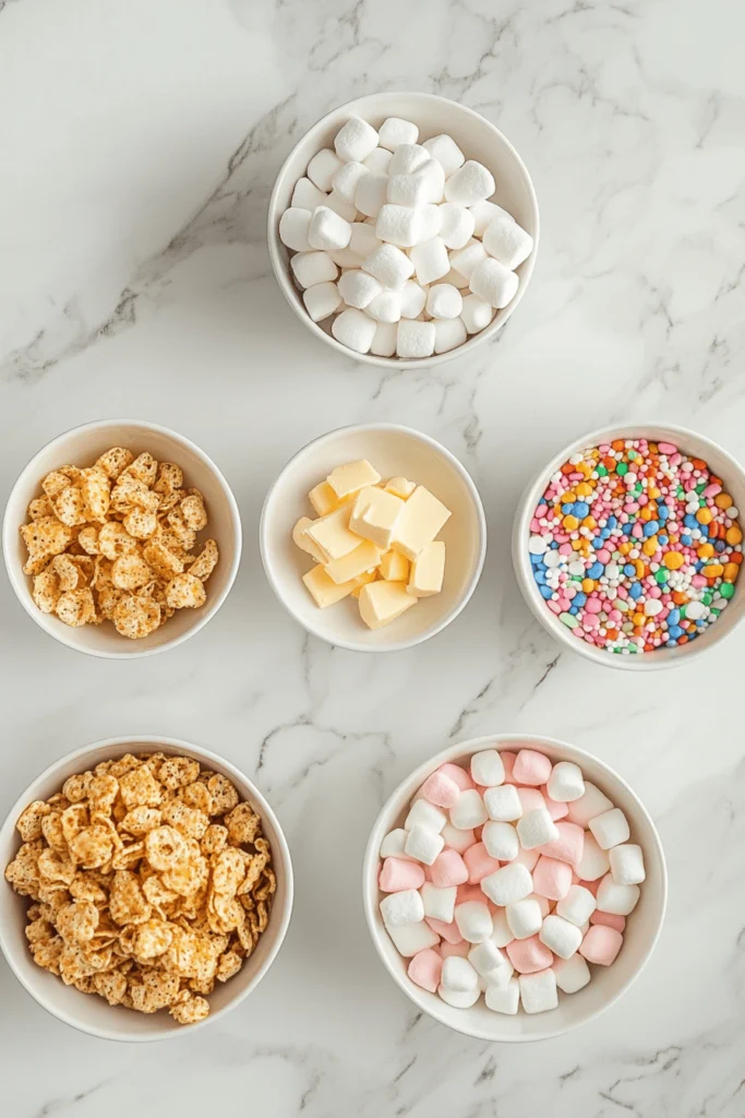 Overhead shot of crisped rice cereal, marshmallows, softened butter, and sprinkles in separate bowls on a marble surface.