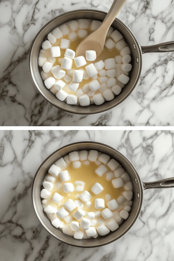 Transitioning from solid marshmallows and butter to a smooth mixture.