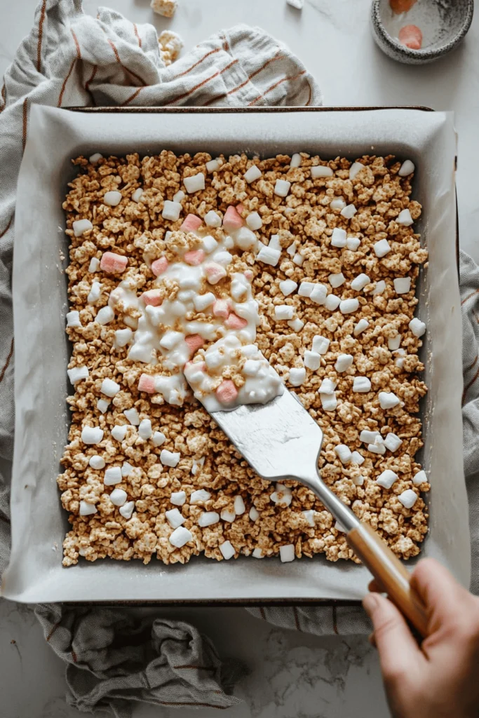 Using a spatula to press sticky cereal and marshmallow blend into a square baking pan.