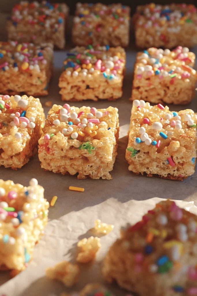 Freshly sliced Rice Krispie squares revealing colorful sprinkles and gooey marshmallows.